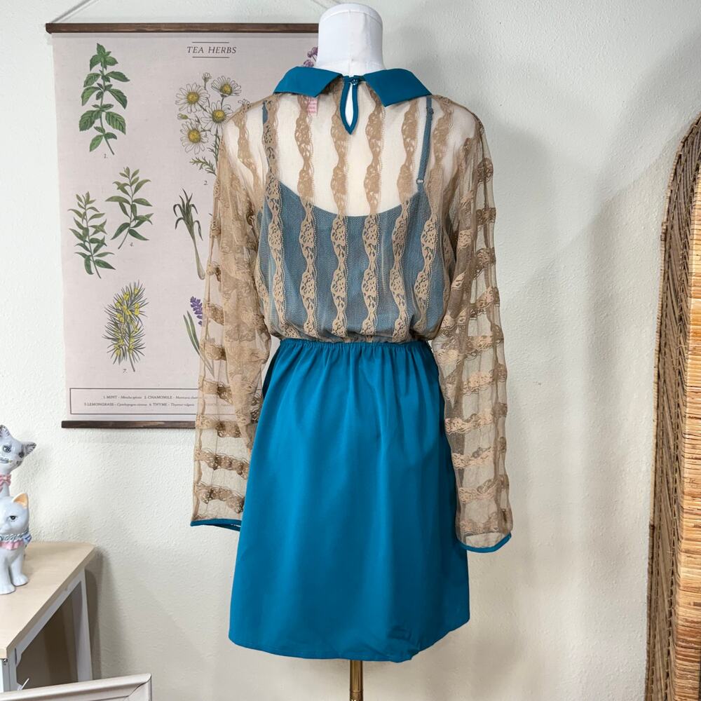 Vintage 90s Y2k Collared Sheer Lace Mini Dress Mod Retro Whimsy Twee 70s Style M - Picture 4 of 9